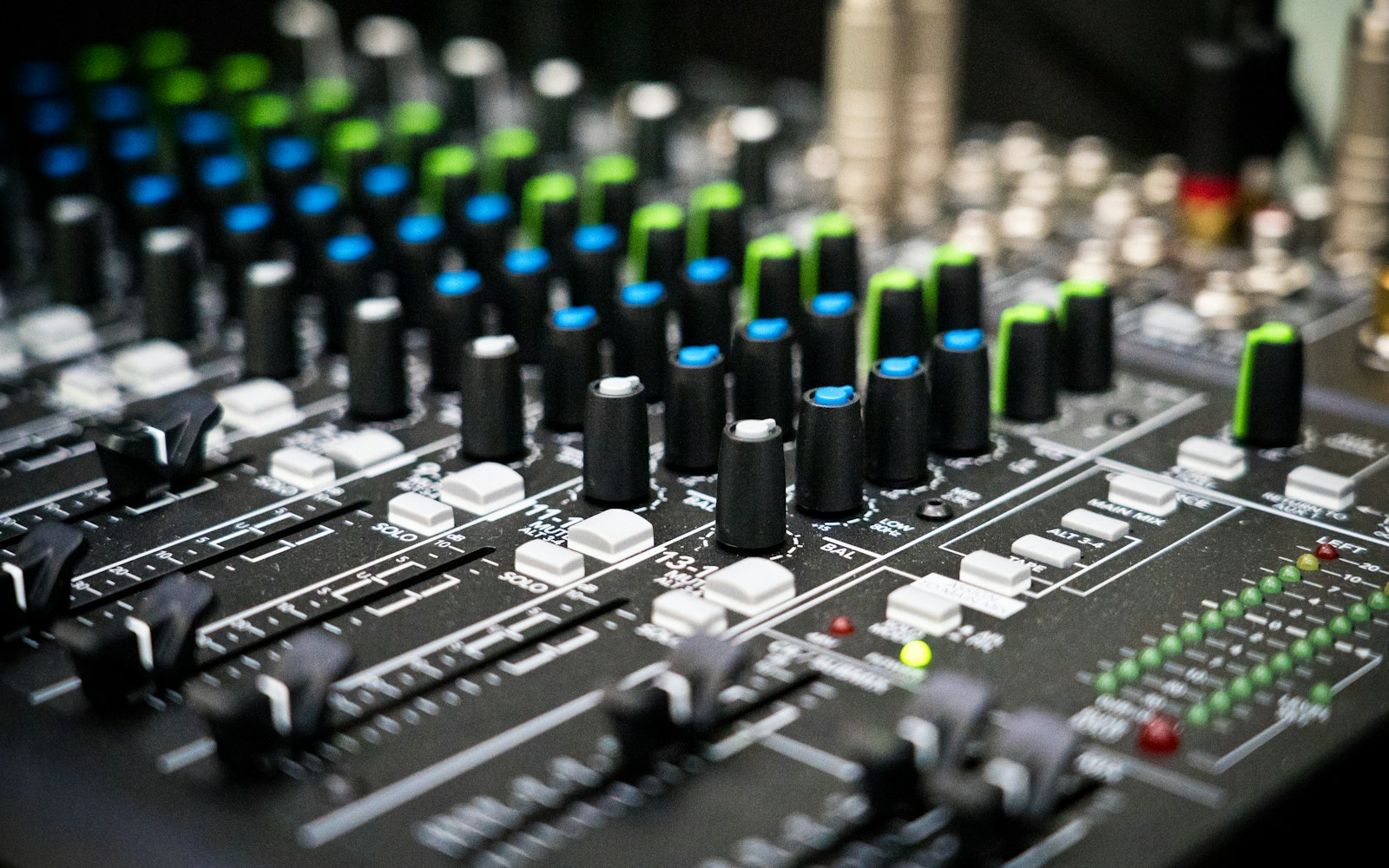 Close view of a professional audio mixing console