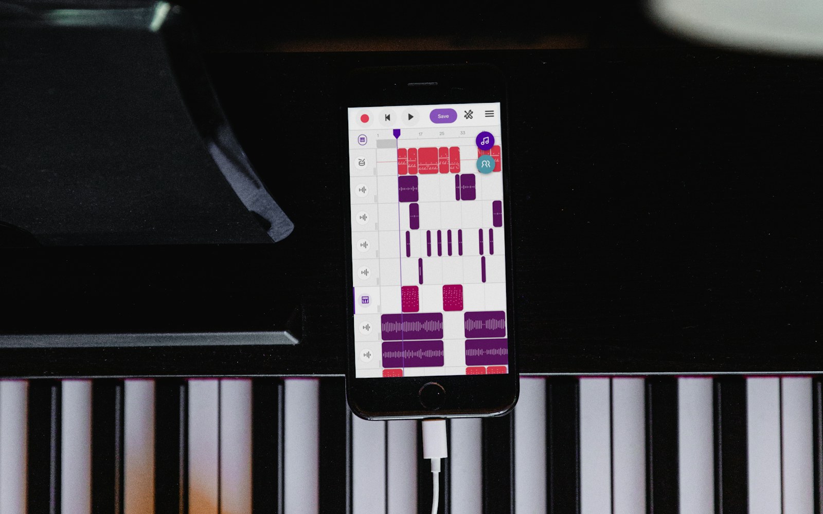 Piano keys photographed during a recording session