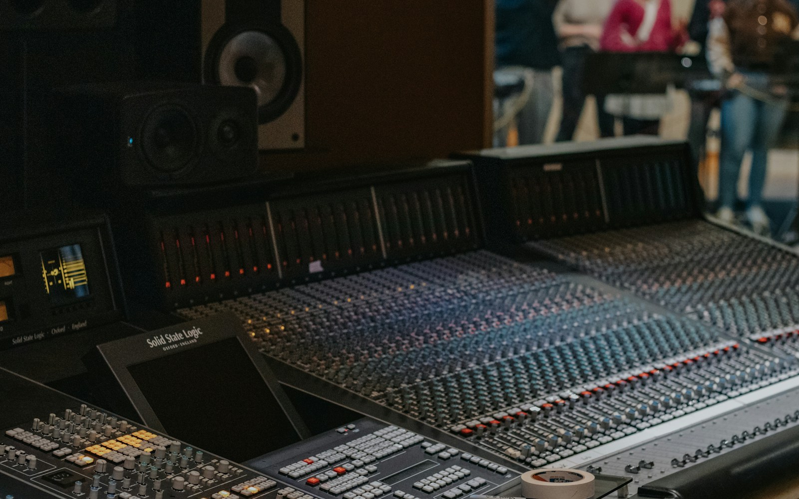 Recording studio console during an audio session