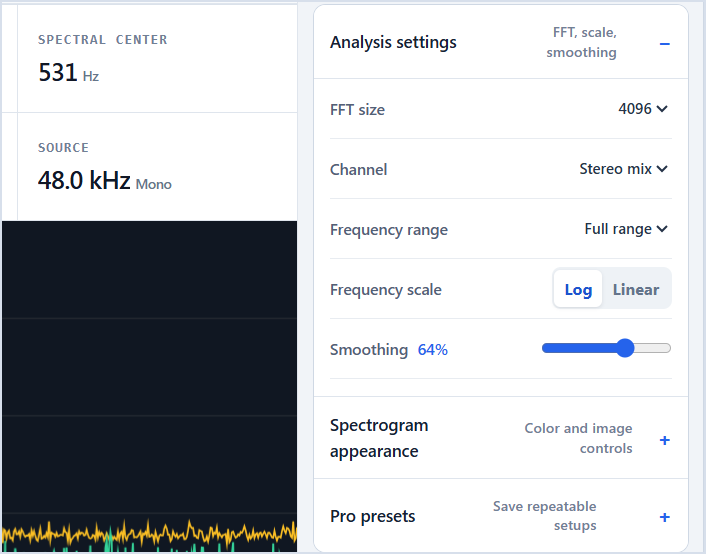Analysis settings used to select FFT size and frequency range