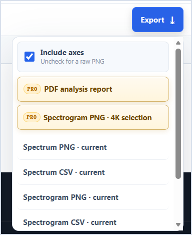 PDF, PNG, and CSV export options